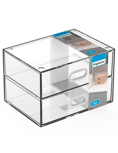 Tradineur - Mini cajonera transparente A6 con 2 cajones, plástico, organizador de cosméticos, maquillaje, accesorios de costura,