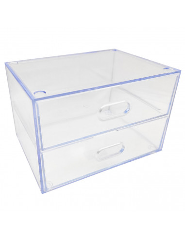 Tradineur - Mini cajonera transparente A6 con 2 cajones, plástico, organizador de cosméticos, maquillaje, accesorios de costura,