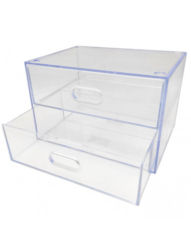 Tradineur - Mini cajonera transparente A6 con 2 cajones, plástico, organizador de cosméticos, maquillaje, accesorios de costura,