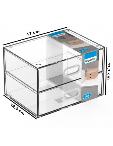 Tradineur - Mini cajonera transparente A6 con 2 cajones, plástico, organizador de cosméticos, maquillaje, accesorios de costura,