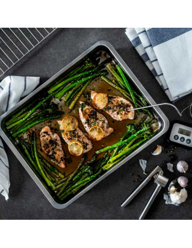 Tradineur - Bandeja de horno de acero inoxidable, fuente rectangular para asar, rustidera de cocina, cocinar y servir, 31,5 x 21