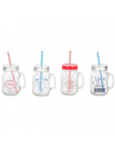 Jarra de cristal con asa y con tapa, con pajita, capacidad de 420 ml de color y diseños surtidos. Vaso de cristal para liquidos