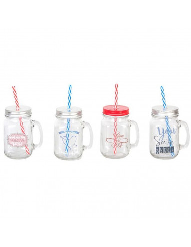 Jarra de cristal con asa y con tapa, con pajita, capacidad de 420 ml de color y diseños surtidos. Vaso de cristal para liquidos
