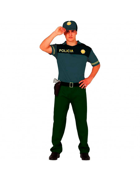 Tradineur - Disfraz de policía para hombre, manga corta, 100% poliéster, incluye gorra, camiseta, pantalón y cinturón, atuendo d