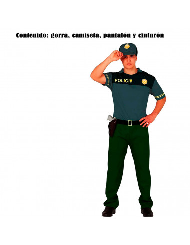 Tradineur - Disfraz de policía para hombre, manga corta, 100% poliéster, incluye gorra, camiseta, pantalón y cinturón, atuendo d