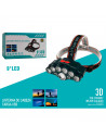 Tradineur - Linterna de cabeza, 9 LED, luz frontal, 4 modos de luz, batería recargable, cable USB, resistente al agua, correr, e