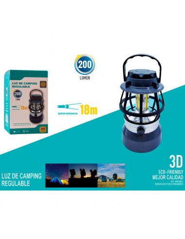 Tradineur - Farol, luz de camping regulable con asa, 200 lumen, 18 m de distancia, iluminación de exterior a pilas, portátil, ex