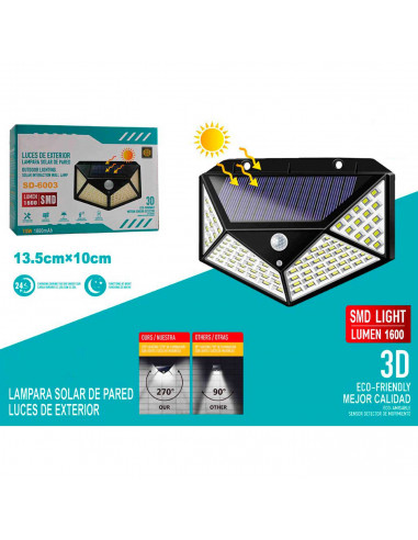 Tradineur - Foco exterior, lámpara solar de pared, recargable, 15 W, 1600 lumen, sensor de movimiento, resistente al agua, inclu