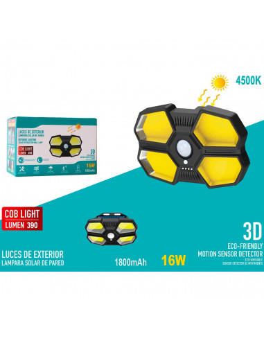 Tradineur - Foco exterior, lámpara solar de pared, recargable, 16 W, 390 lumen, sensor de movimiento, resistente al agua, incluy