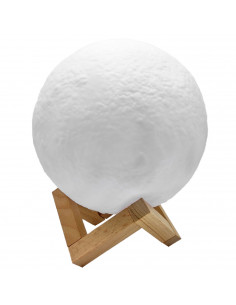 Tradineur - Lámpara de sobremesa con forma de luna, base de madera, plástico blanco, funciona con pila, decoración de salón, dor