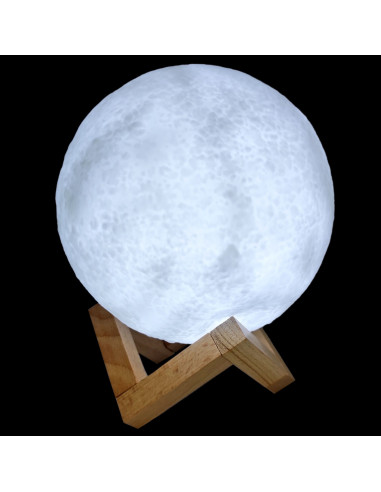 Tradineur - Lámpara de sobremesa con forma de luna, base de madera, plástico blanco, funciona con pila, decoración de salón, dor