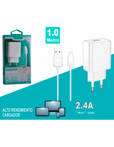 Tradineur - Cargador de móvil compatible con iOS, 2.4A, cable de 100 cm, carga rápida, enchufe de corriente, smartphone, tablet,