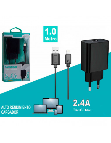 Tradineur - Cargador de móvil 2.4A compatible con iOS, cable de 100 cm, carga rápida, enchufe de corriente, smartphone, tablet,