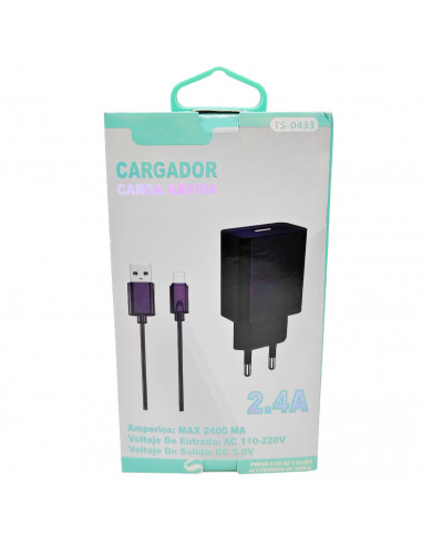 Tradineur - Cargador de móvil 2.4A compatible con iOS, cable de 100 cm, carga rápida, enchufe de corriente, smartphone, tablet,