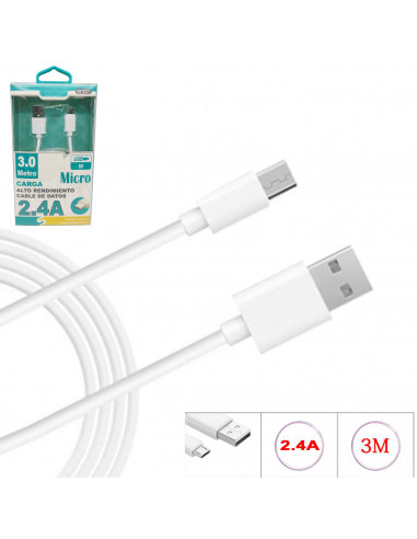 Tradineur - Cable de datos 2.4A, USB a micro-USB, 3 metros, carga rápida, transferencia de datos de móvil a pc, compatible con X
