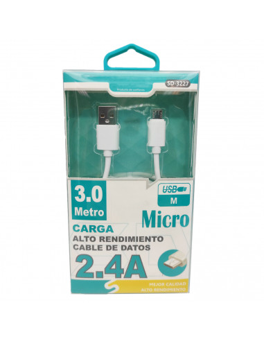 Tradineur - Cable de datos 2.4A, USB a micro-USB, 3 metros, carga rápida, transferencia de datos de móvil a pc, compatible con X