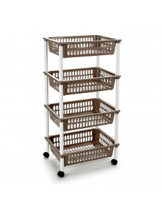 Tradineur -  Carro verdulero marrón topo modelo PLFT con ruedas 4 cestas 85 x 40 x 30 cm . Carrito portaobjetos estantes multius