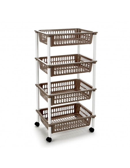 Tradineur -  Carro verdulero marrón topo modelo PLFT con ruedas 4 cestas 85 x 40 x 30 cm . Carrito portaobjetos estantes multius