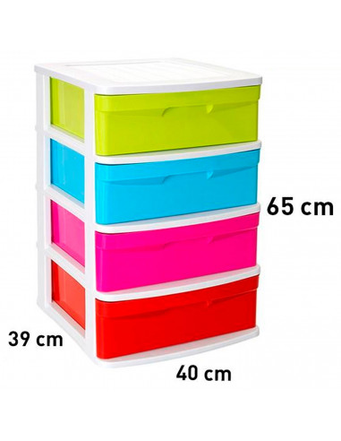 Tradineur - Cajonera de plástico Sena, 4 cajones multicolor, torre de ordenación multiusos, almacenaje, escuela, hogar, fabricad