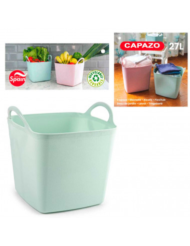 Tradineur - Capazo cuadrado de plástico, cubo flexible multiusos con asas, transporte de alimentos, ropa, jardín, hogar, fabrica