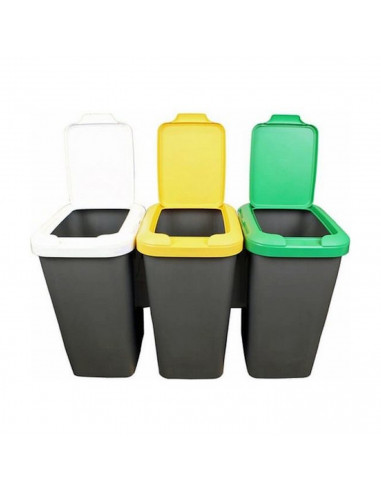 Cubo de basura para reciclaje plástico gris, Set 3 papeleras de reciclaje 75 Litros, 47,5  x 77  x 33  cm