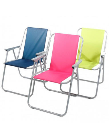 Tradineur - Silla de playa plegable, estructura metálica blanca y asiento de tela, ligera y resistente, máx. 110 kg, jardín, pes