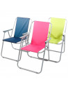 Tradineur - Silla de playa plegable, estructura metálica blanca y asiento de tela, ligera y resistente, máx. 110 kg, jardín, pes