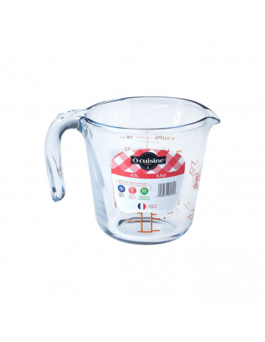 Jarra de vidrio medidora con capacidad de 500 ml, con diferentes tipos de medidas, de 12 x 12 x 16 cm. Vaso medidor con asa váli
