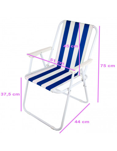Tradineur - Silla de playa plegable, diseño a rayas, estructura metálica blanca y asiento de tela, ligera y resistente, máx. 110