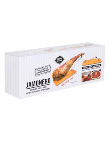 Soporte jamonero de madera y metal plegable, de 48 ,5 x 16,5 cm. Soporte para patas de jamón con parte de metal ajustable. Base