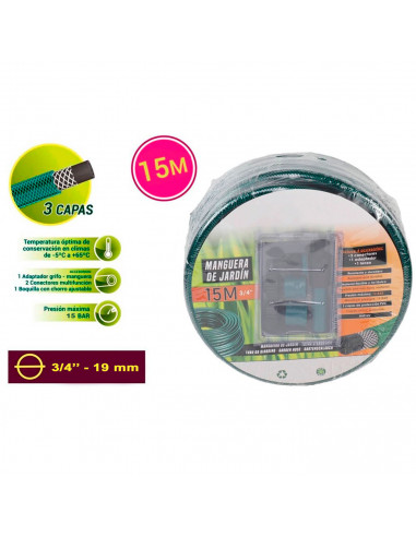 Tradineur - Manguera de riego flexible de 3 capas, incluye 4 accesorios, PVC, regar jardín, huerto, lavar coche, labores agrícol