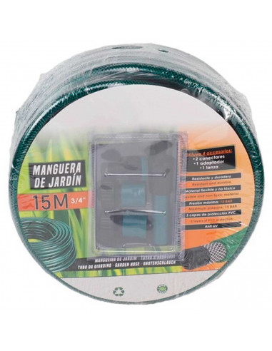 Tradineur - Manguera de riego flexible de 3 capas, incluye 4 accesorios, PVC, regar jardín, huerto, lavar coche, labores agrícol