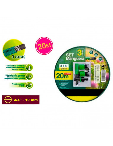 Tradineur - Manguera flexible de riego con 4 accesorios, 3 capas de PVC, regar jardín, huerto, lavar coche, labores agrícolas, 2