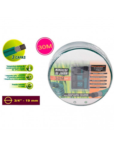 Tradineur - Manguera de riego flexible, 3 capas PVC, incluye 4 accesorios, regar jardín, huerto, lavar coche, labores agrícolas,