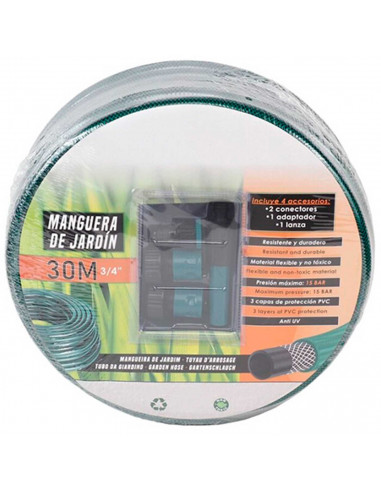 Tradineur - Manguera de riego flexible, 3 capas PVC, incluye 4 accesorios, regar jardín, huerto, lavar coche, labores agrícolas,
