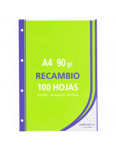 Tradineur - Pack de 100 hojas cuadriculadas A4 perforadas con margen, recambio hojas sueltas para archivador, 4 taladros, papel