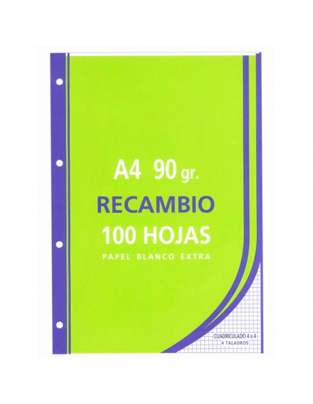 Tradineur - Pack de 100 hojas cuadriculadas A4 perforadas con margen, recambio hojas sueltas para archivador, 4 taladros, papel