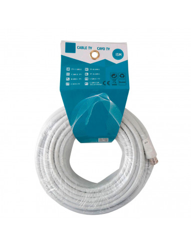 Cable de tv de 15 metros de color blanco con salidas macho y hembra. Cable coaxial para conexión con antena de tv de color blanc