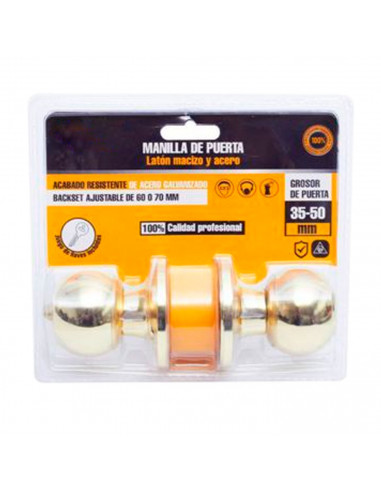 Tradineur - Manilla/Pomo para puerta de 35 a 50 mm - Backset ajustable de 60 a 70 mm - Fabricado en Latón y Acero - Juego de lla