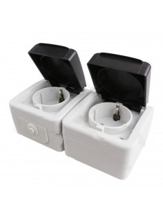 Tradineur - Base de 2 enchufes con tapa de seguridad de 7 x 5 x 14 cm, de 16a/250v. Pack de 2 enchufes unidos, válido para inter