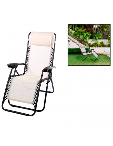 Tradineur - Tumbona plegable con reposabrazos y cojín reposacabezas, silla con respaldo regulable, multiposición, metal y tela,