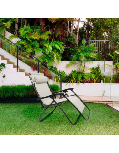 Tradineur - Tumbona plegable con reposabrazos y cojín reposacabezas, silla con respaldo regulable, multiposición, metal y tela,