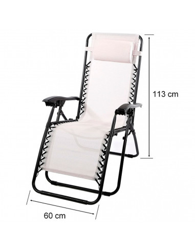 Tradineur - Tumbona plegable con reposabrazos y cojín reposacabezas, silla con respaldo regulable, multiposición, metal y tela,