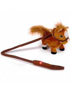 Tradineur - Caballo de peluche, anda y relincha, incluye correa rígida de 75 cm, sonido realista, peluche musical para pasear, j