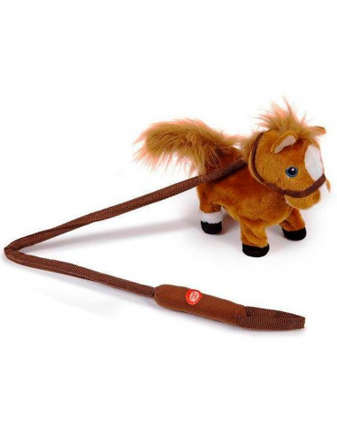 Tradineur - Caballo de peluche, anda y relincha, incluye correa rígida de 75 cm, sonido realista, peluche musical para pasear, j