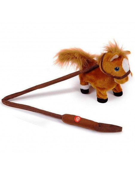 Tradineur - Caballo de peluche, anda y relincha, incluye correa rígida de 75 cm, sonido realista, peluche musical para pasear, j