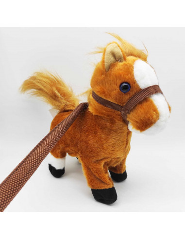 Tradineur - Caballo de peluche, anda y relincha, incluye correa rígida de 75 cm, sonido realista, peluche musical para pasear, j