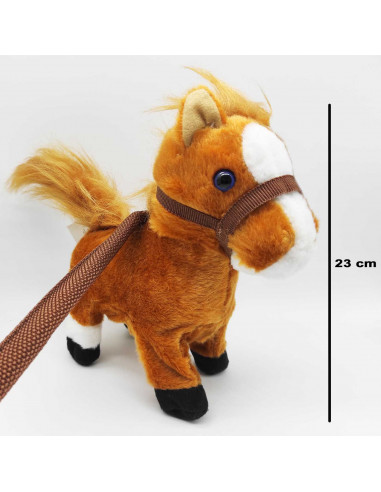 Tradineur - Caballo de peluche, anda y relincha, incluye correa rígida de 75 cm, sonido realista, peluche musical para pasear, j