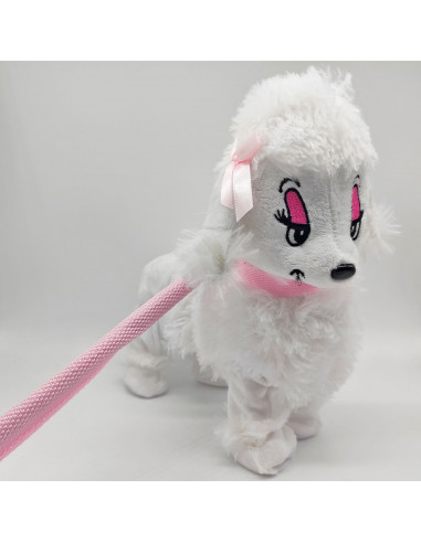 Tradineur - Perrita de peluche, anda/baila y canta, incluye correa rígida de 75 cm, peluche musical para pasear, juguete infanti