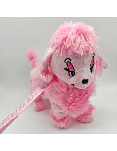Tradineur - Perrita de peluche, anda/baila y canta, incluye correa rígida de 75 cm, peluche musical para pasear, juguete infanti
